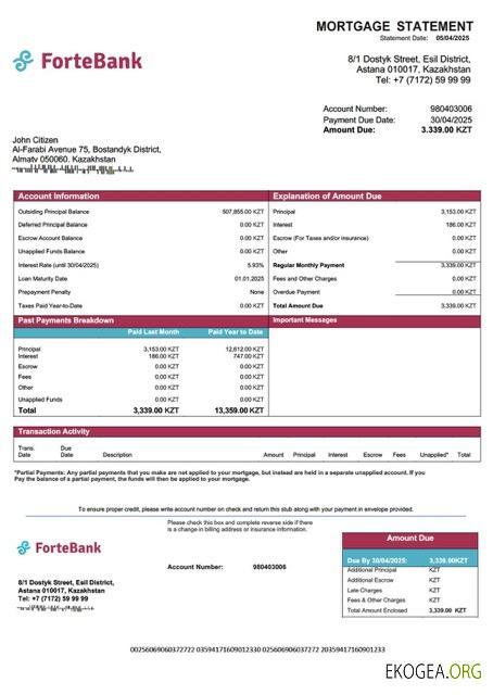 Modèle Word et PDF de relevé hypothécaire ForteBank du Kazakhstan